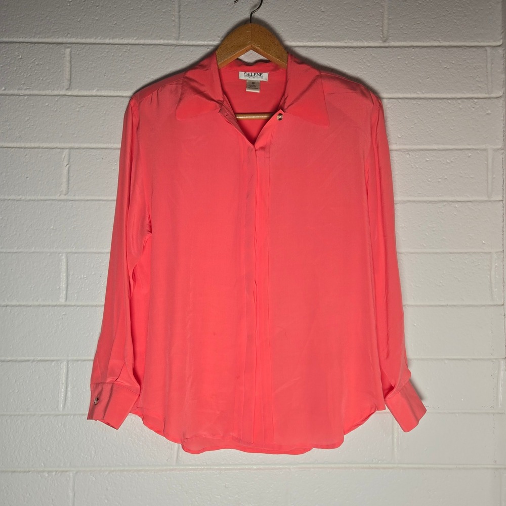 Vtg Selene Paris 100% Silk Blouse Medium Coral Pink Pleated Feminine